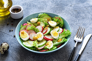 Vegetable, fresh salad with radish, egg and salad leaves in a blue plate on a concrete background.
