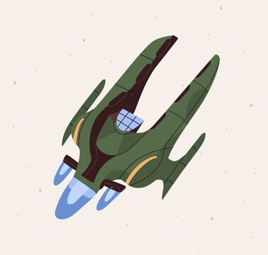 Futuristic fantasy spacecraft flying in outer space. Flight of intergalactic spaceship. Spaceflight of cosmic shuttle. Colored flat cartoon vector illustration of UFO spacewalk in cosmos