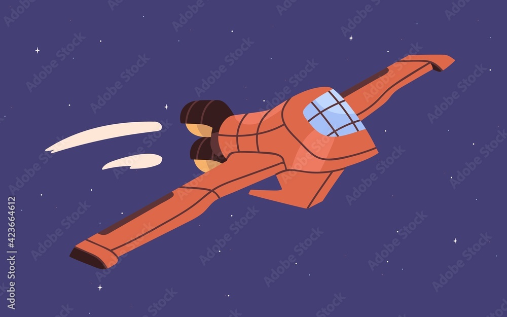 Poster spaceship flying in sky. intergalactic spacecraft flight in outer space. fantasy cosmic shuttle in c