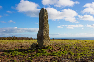 Boscawen-Ros, Standing Stone in the middle of a field (Grid Ref SW 42814 23894) near St Buryan, Cornwall, UK.
