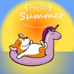 Postcard corgi dog with Kick scooter letter hello summer Cute orange ginger welsh corgi vector cartoon sticker illustration isolated on colored background