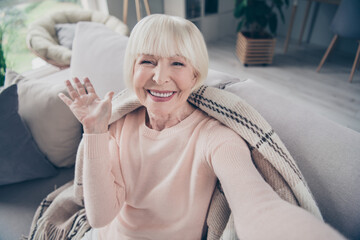 Self-portrait of attractive cheerful grey-haired woman sitting on divan having fun good mood in...
