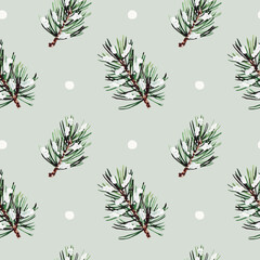 Pattern of pine branches and snow coniferous trees needles on a gray background