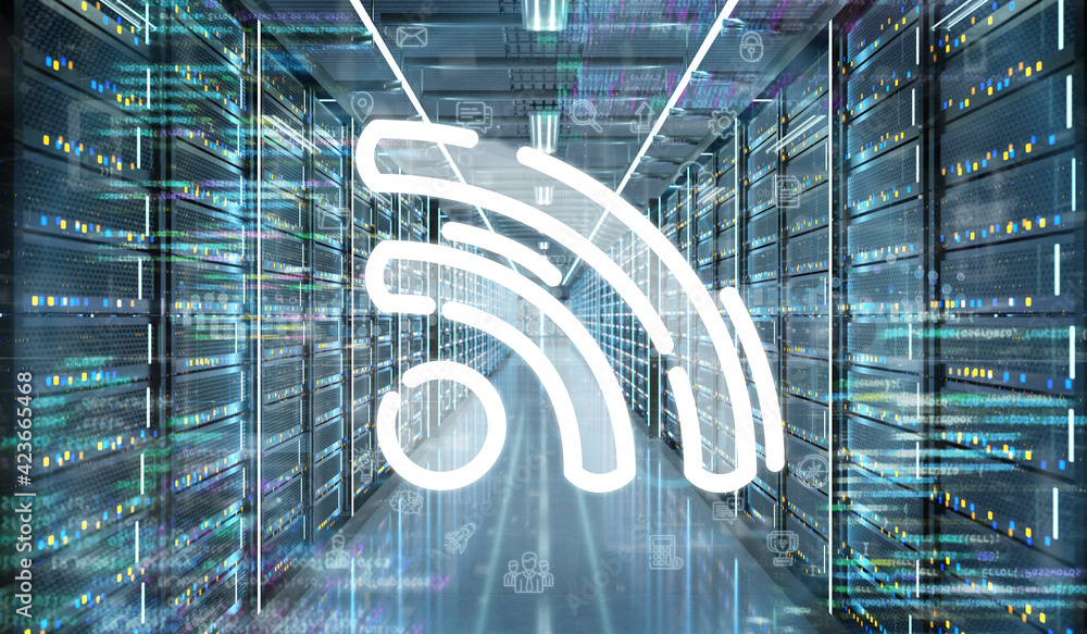 Poster wifi icon in a server room data center - 3d rendering