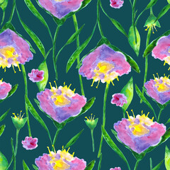 Watercolor floral seamless pattern. Bright flowers on a bright background. Print for printing on fabric, wallpaper, paper and other surfaces.
