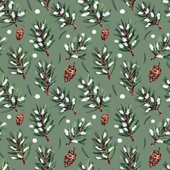 pattern with cones and pine needles on a green background winter wrapping new year