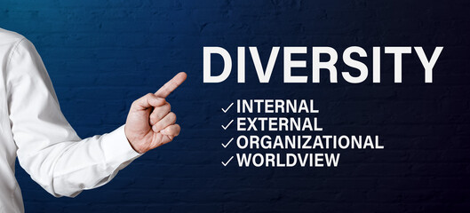 Male hand points to the word diversity. Various types of diversity in business
