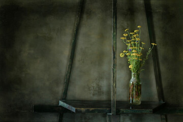 flowers vase still life, seasonal summer inside vintage style, yellow flowers wild