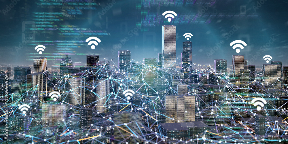 Poster smart city with wifi network and communication connection - 3d rendering