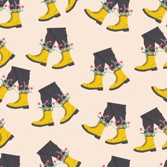 Seamless pattern of legs with trendy shoes and boots with flowers and plants. Vector flat illustration isolated on white background