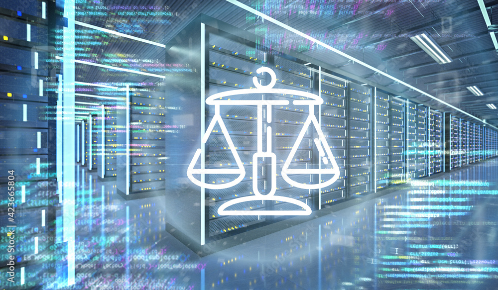 Poster justice icon in a server room data center - 3d rendering