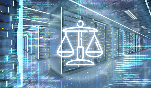 Justice icon in a Server room data center - 3d rendering