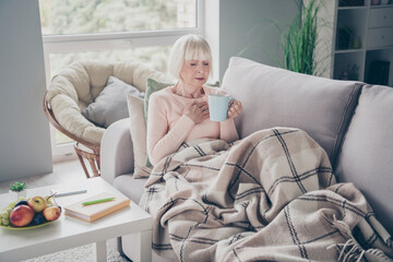 Portrait of attractive depressed grey-haired woman lying on divan feeling bad drinking remedy in house flat indoors