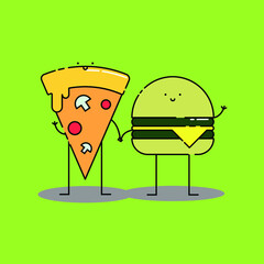 Cute pizza and cheese burger Illustration. modern simple food vector icon, flat graphic symbol in trendy flat design style. food character