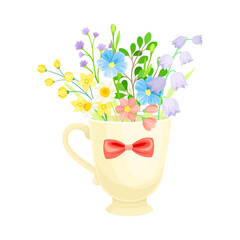 Mug with Fragrant Blooming Flowers as Floristic Spring Vector Composition