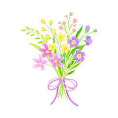 Blooming Flower Bunch Tied with Red Ribbon as Spring Vector Composition