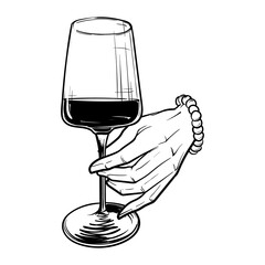 Woman hand holding a red wine glass. Black linear sketch isolated on white background. EPS10 vector illustration