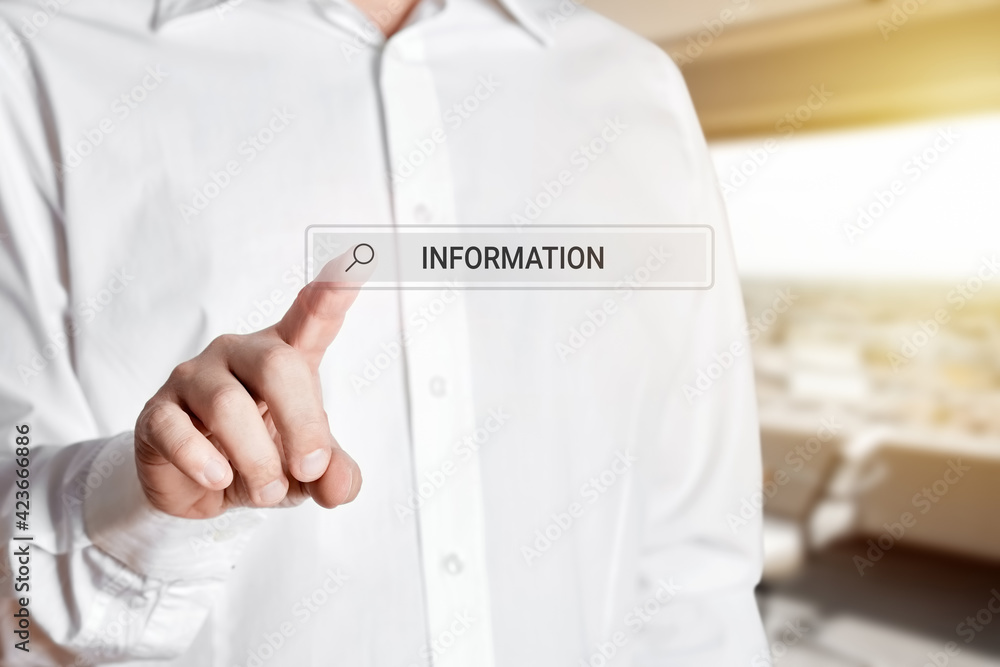 Poster man press the search bar icon on a virtual screen with the word information.