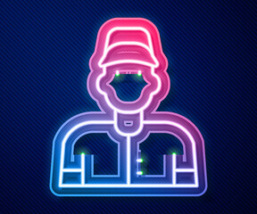 Glowing neon line Baseball player icon isolated on blue background. Vector