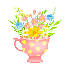 Mug with Fragrant Blooming Flowers as Floristic Spring Vector Composition
