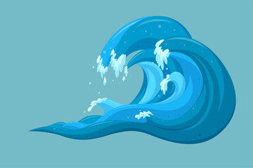 Tsunami waves background. Moving ocean waves in cartoon style. Vector illustration in turquoise background