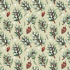 Pattern of pine branches and cones coniferous trees needles on a beige background