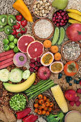 Super food for a high fibre diet for gut health with fruit, vegetables, cereal products, grains, nuts, seeds and legumes. High in antioxidants, minerals, vitamins, anthocyanys, protein and omega 3.