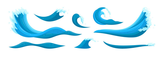 Flooding waves and tides elements. Set of waves causing destruction and ruining safety. Cartoon vector illustration isolated in white background