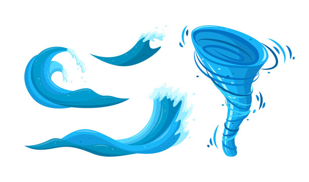 Tornado And Tsunami Waves Set. Ocean Storm With Whirpool And Waves. Cartoon Vector Illustration Isolated In White Background