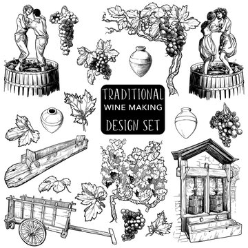 Set of isolated objects illustrating process of traditional way of wine making