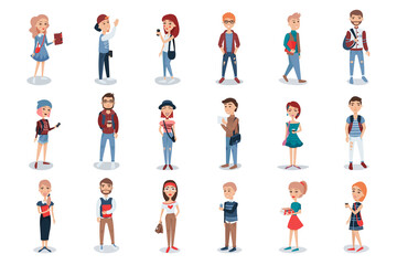 Male and Female Student with Backpack Standing and Walking Vector Illustration Set