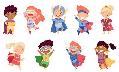 Kids Wearing Costumes of Superhero Pretending Having Powers for Fighting Crime Vector Set © Happypictures