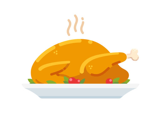 Roast turkey or chicken on plate, traditional holiday dinner vector clip art illustration. Simple cartoon style isolated drawing.