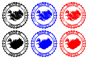 Made in Iceland - rubber stamp - vector, Iceland map pattern - black, blue and red