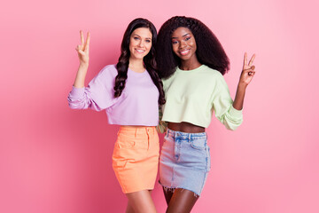 Photo of cheerful charming nice women make v-signs wear cropped sweaters isolated on pink color background