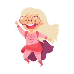 Beaming Blond Girl Wearing Costume of Superhero Jumping High Pretending Having Power for Fighting Crime Vector Illustration