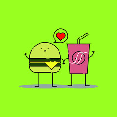 Cute cheese burger and soda with love Illustration. modern simple food vector icon, flat graphic symbol in trendy flat design style. food character