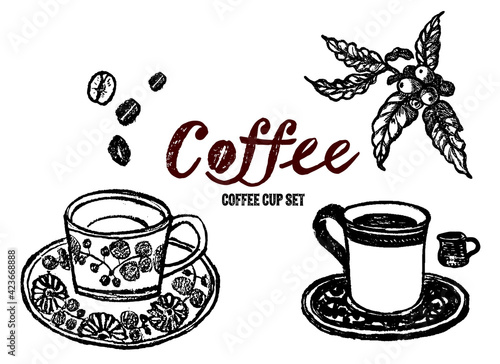 コーヒーカップの手描きイラストセット コーヒー豆とコーヒー Wall Mural Pomme