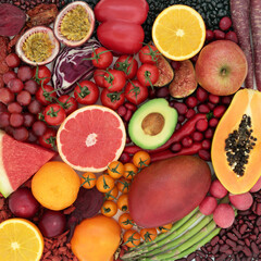 Health food high in lycopene & anthocyanins for a healthy heart with super foods also high in antioxidants,  vitamins, minerals, omega 3 & dietary fibre. With fruit, legume & vegetables. 