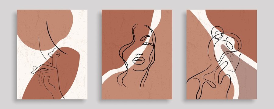 Modern Trendy Cards Set with Line Art Elements. Abstract Banners Collection Boho Style with Women Faces Line Art. Trendy Minimalist Poster Line Art Design. Minimal Abstract Background. Vector EPS 10.