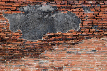 Old brick wall. Destroyed concrete and brick wall.