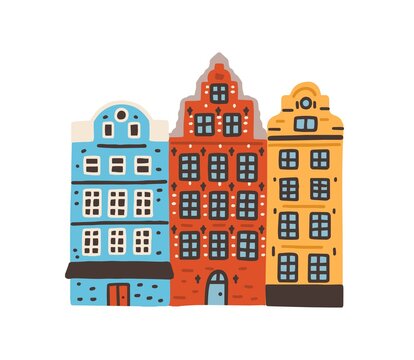 Famous colorful houses on Stortorget or Grand Square in Stockholm, Sweden. Notable Swedish building. Colored flat vector illustration of ancient Scandinavian architecture isolated on white background