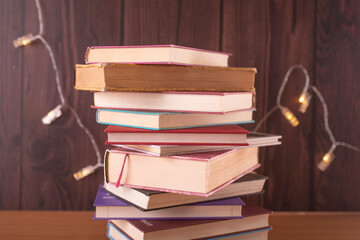 Wooden background with books. Literature. Book concept. Student. Education. 