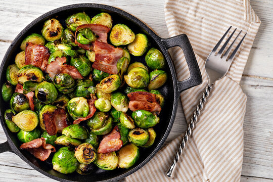 Fried Brussels sprouts with bacon