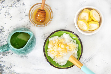 Homemade hair mask with shea butter, honey and banana. Beauty Concept