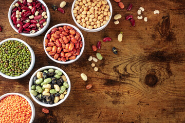 Legumes design template with copy space. Various pulses, shot from the top