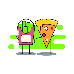 Cute french fries and pizza Illustration. modern simple food vector icon, flat graphic symbol in trendy flat design style. food character