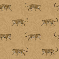 Pattern with leopards on a sandy background. Tropical background. Template design for textiles, interior, clothes, wallpaper.