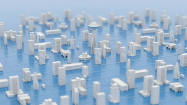 3D animation, circular panorama around an abstract city, white buildings are built on a blue background around a high tower. Shallow depth of field, tilt-shift effect