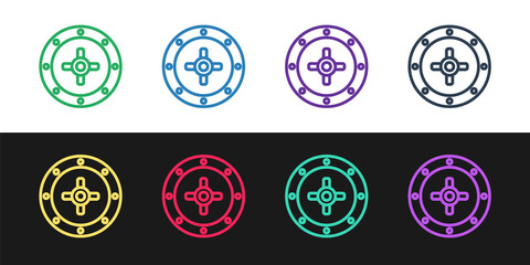 Set line Safe icon isolated on black and white background. The door safe a bank vault with a combination lock. Reliable Data Protection. Vector